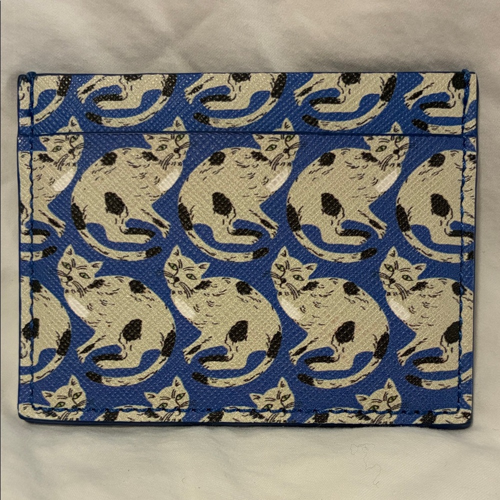 Anthropologie Blue and Cream Cat Pattern Card Holder
